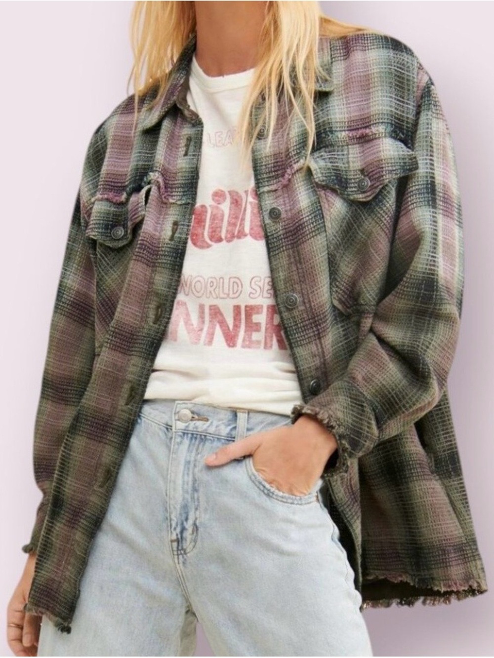 We The Free Olive and Mauve Plaid Button-Down Shirt Jacket